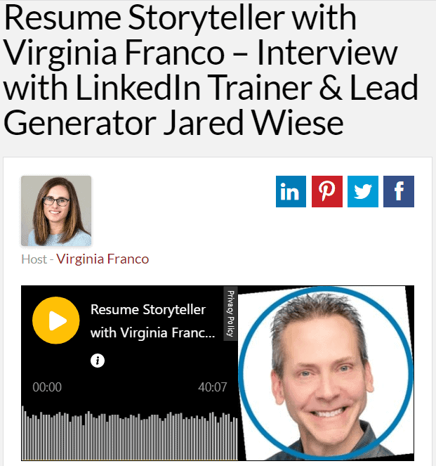 Jared J. Wiese of ProfilesThatPOP.com - Interviewed by Resume Storyteller with Virginia Franco - LinkedIn Profile, Lead Generator, Resume Writing
